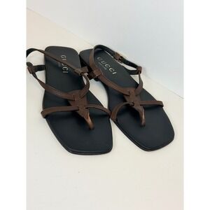Gucci Brown Leather Strappy Thong Slingback Sandals Square Toe Flat Size 11.5 US
